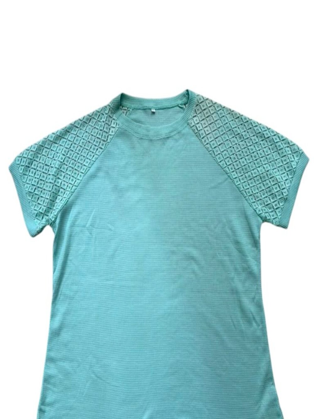 Alishebuy Women XL Aqua Waffle Knit Top Crochet Sleeve Cotton Blend NWT.